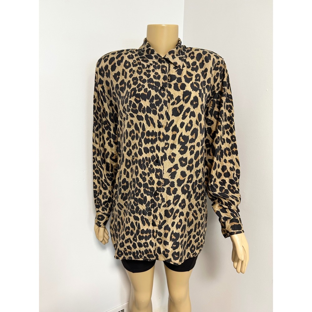 Vintage Silk Ncounter Animal Leopard Print 100% Silk Button Shirt Blouse Brown M